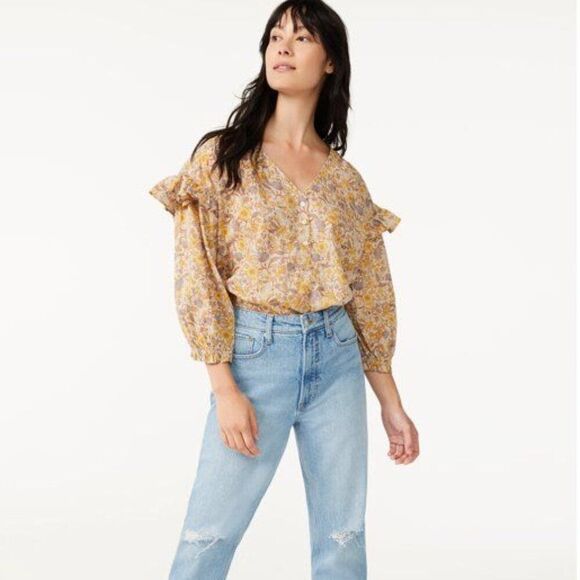 Free Assembly Women's Ruffle Blouse Large Yellow Beige Ruffle Sleeve Peasant - Picture 1 of 8